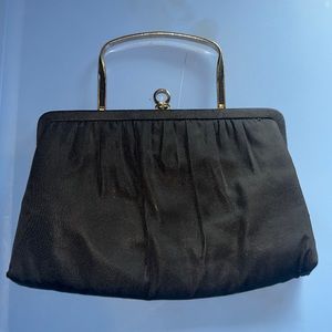 After Five Vintage Black Satin Clutch Gold Enamel Handle Evening Bag